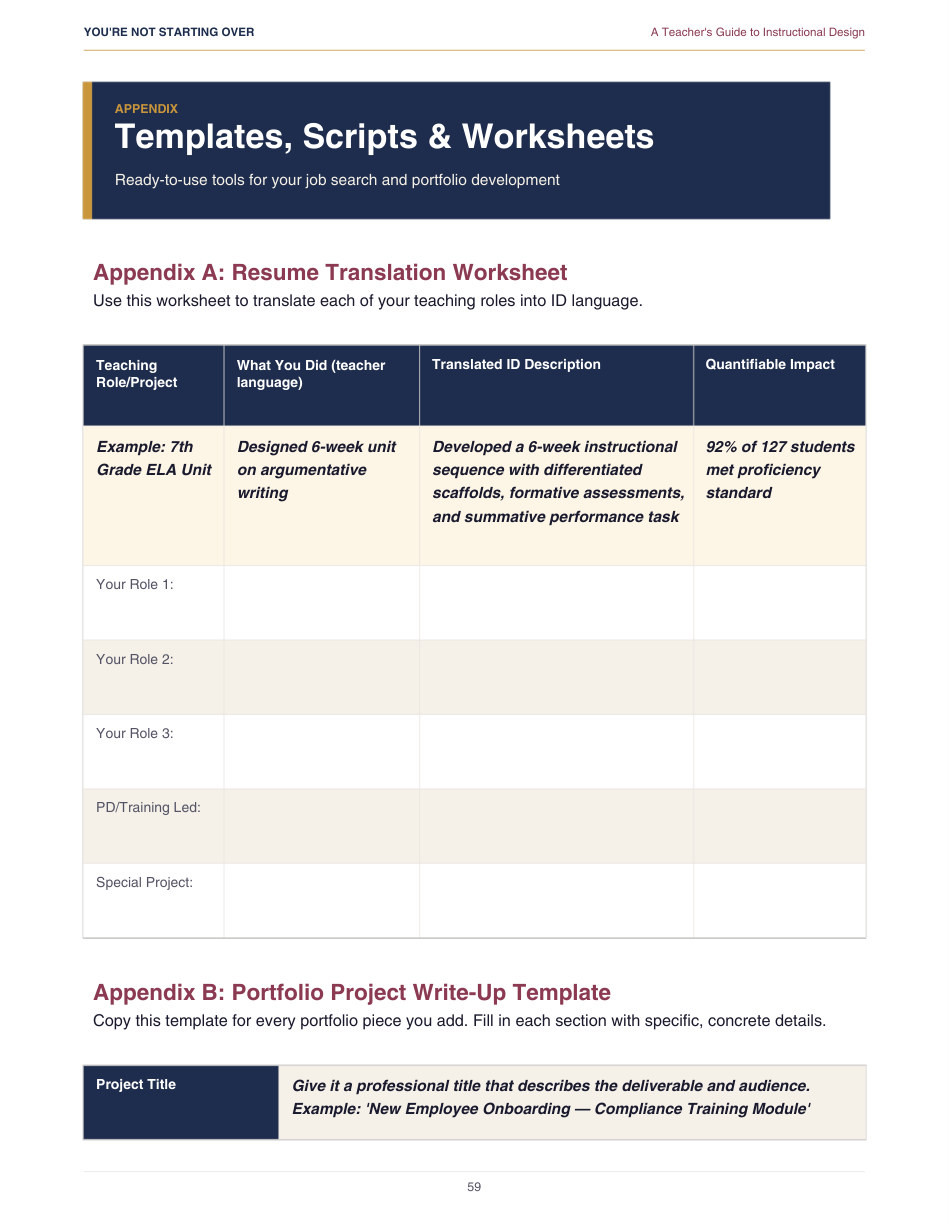 Resume translation worksheet and portfolio template preview